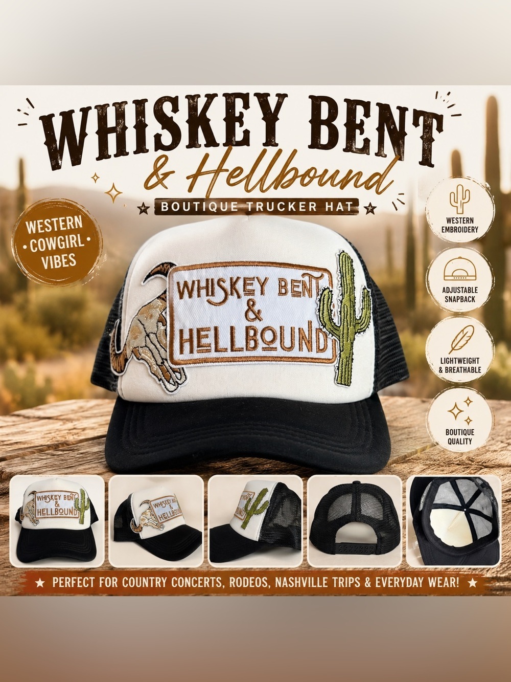 Whiskey Bent & Hellbound Boutique Western Trucker Hat Cowgirl Snapback - Picture 1 of 7